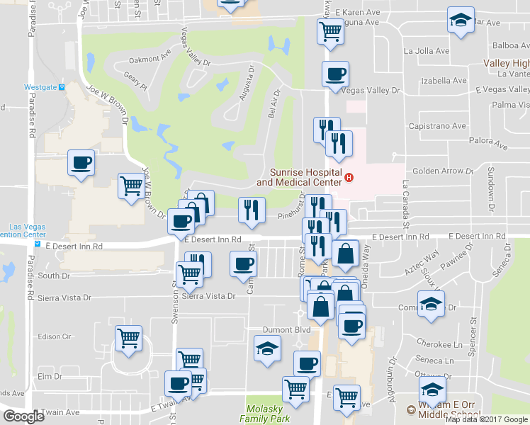 map of restaurants, bars, coffee shops, grocery stores, and more near 1056 Pinehurst Drive in Las Vegas