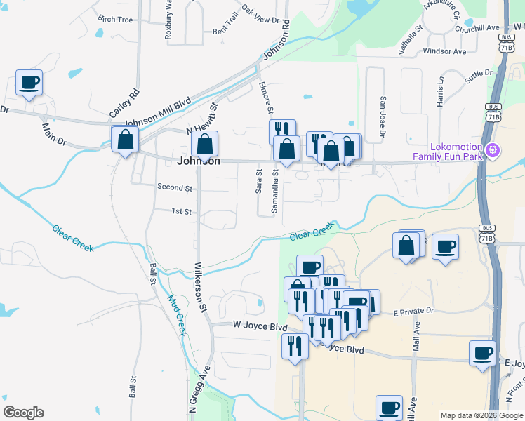 map of restaurants, bars, coffee shops, grocery stores, and more near 2408 Sam Street in Fayetteville