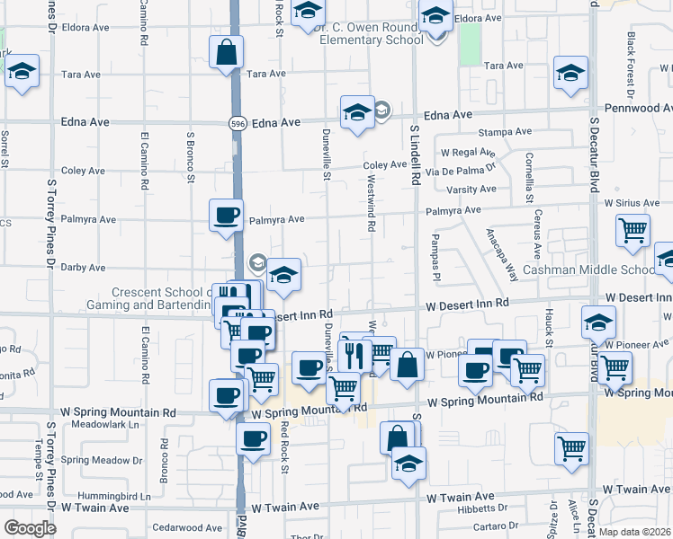 map of restaurants, bars, coffee shops, grocery stores, and more near 5775 Darby Avenue in Las Vegas