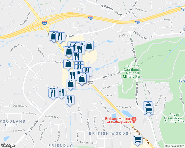 map of restaurants, bars, coffee shops, grocery stores, and more near 3722 Greenes Crossing in Greensboro