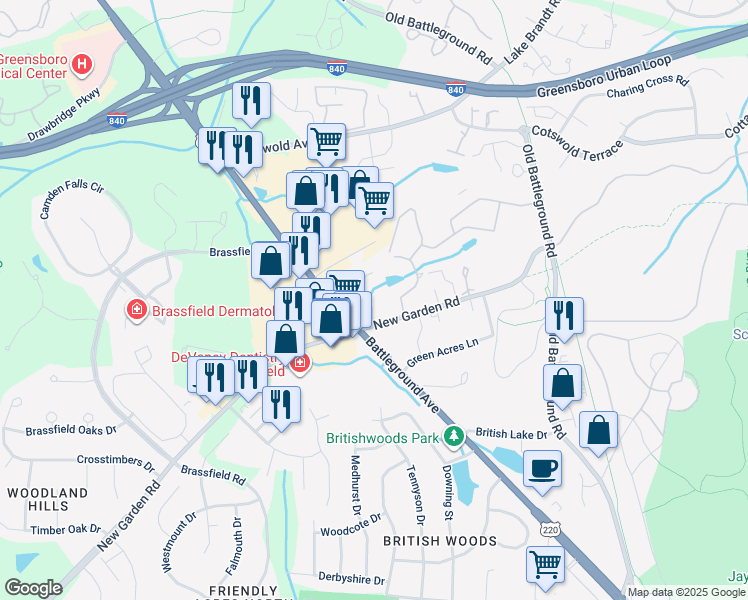map of restaurants, bars, coffee shops, grocery stores, and more near 3722 Greenes Crossing in Greensboro