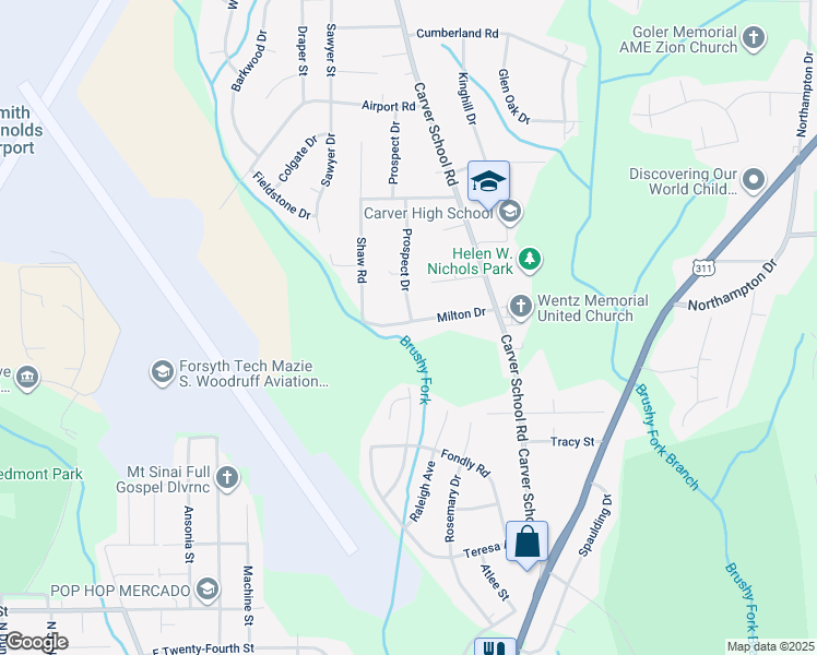 map of restaurants, bars, coffee shops, grocery stores, and more near 4915 Milton Drive in Winston-Salem