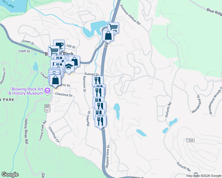 map of restaurants, bars, coffee shops, grocery stores, and more near 212 South White Pine Drive in Blowing Rock