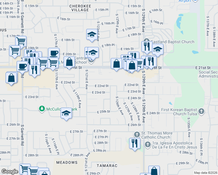map of restaurants, bars, coffee shops, grocery stores, and more near 2217 South 124th East Avenue in Tulsa