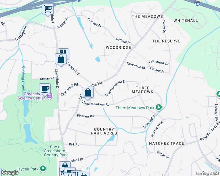 map of restaurants, bars, coffee shops, grocery stores, and more near 2705 New Garden Road East in Greensboro