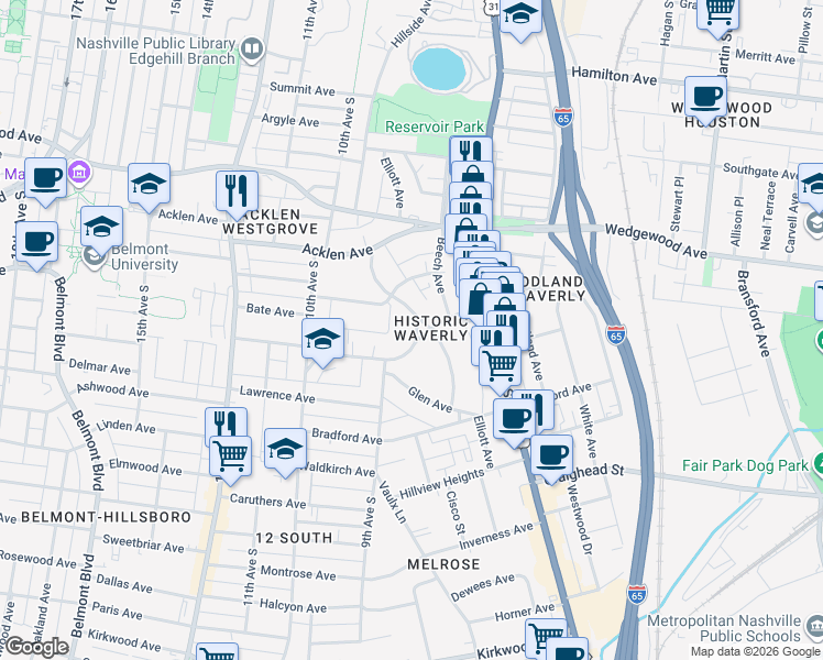 map of restaurants, bars, coffee shops, grocery stores, and more near 912 South Douglas Avenue in Nashville
