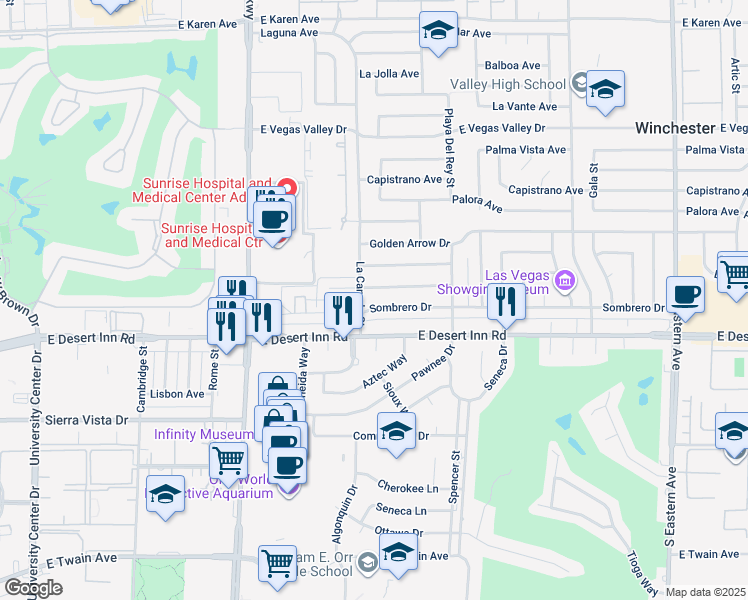 map of restaurants, bars, coffee shops, grocery stores, and more near 1536 Sombrero Drive in Las Vegas