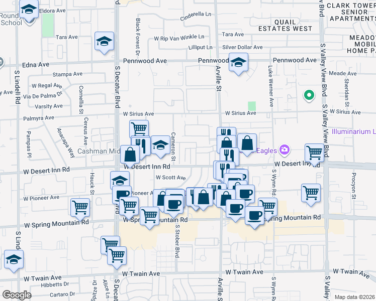 map of restaurants, bars, coffee shops, grocery stores, and more near 3232 Jericho Street in Las Vegas