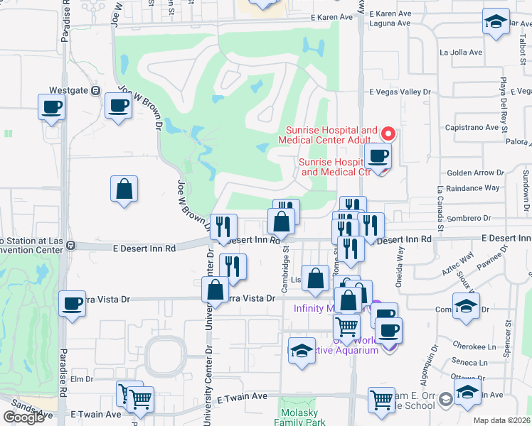 map of restaurants, bars, coffee shops, grocery stores, and more near 900 East Desert Inn Road in Las Vegas