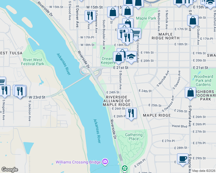 map of restaurants, bars, coffee shops, grocery stores, and more near 4 East 24th Street in Tulsa