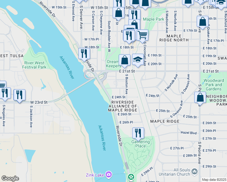 map of restaurants, bars, coffee shops, grocery stores, and more near 2300 Riverside Drive in Tulsa