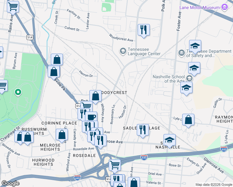 map of restaurants, bars, coffee shops, grocery stores, and more near 2005 Hutton Drive in Nashville
