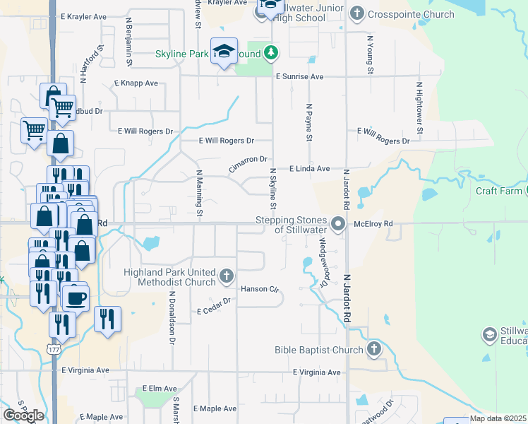 map of restaurants, bars, coffee shops, grocery stores, and more near 1616 East McElroy Road in Stillwater
