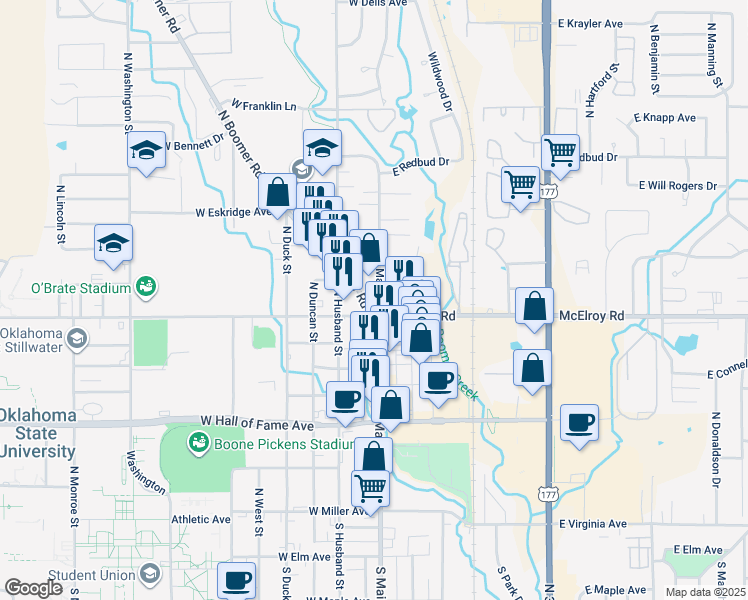 map of restaurants, bars, coffee shops, grocery stores, and more near 723 North Boomer Road in Stillwater