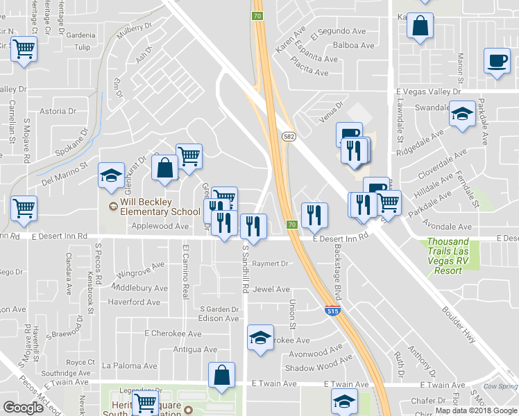 map of restaurants, bars, coffee shops, grocery stores, and more near 3210 South Sandhill Road in Las Vegas