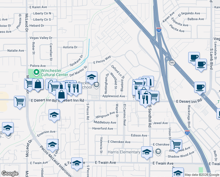 map of restaurants, bars, coffee shops, grocery stores, and more near 3532 Applewood Avenue in Las Vegas
