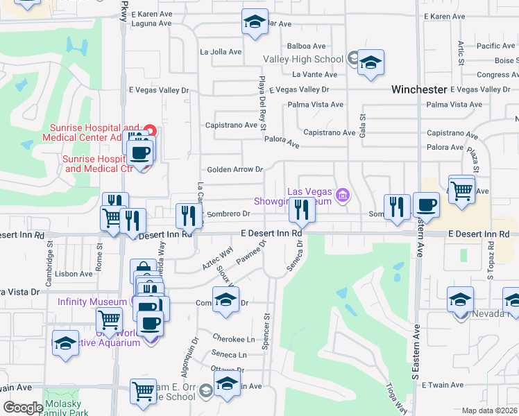 map of restaurants, bars, coffee shops, grocery stores, and more near 3258 Pawnee Drive in Las Vegas
