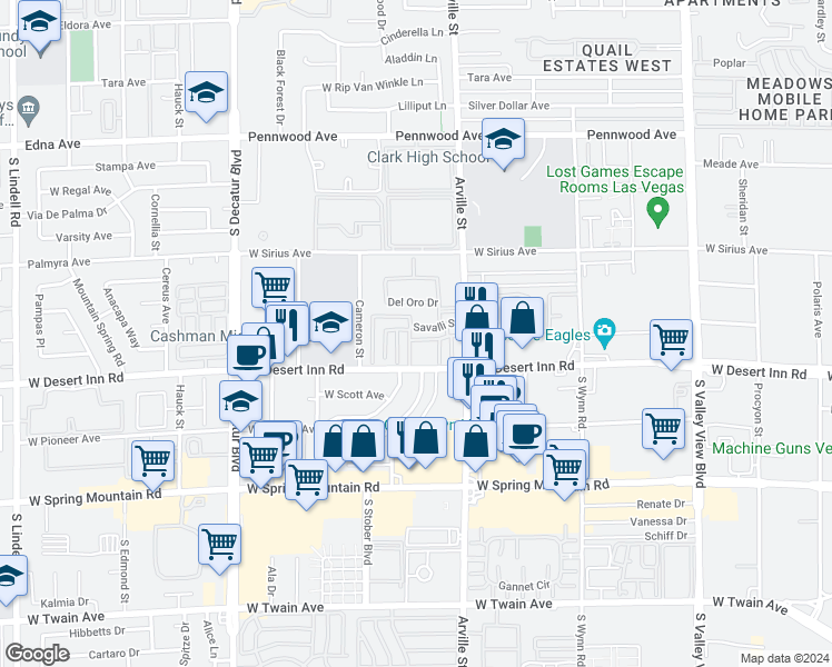 map of restaurants, bars, coffee shops, grocery stores, and more near 3263 Savalli Street in Las Vegas