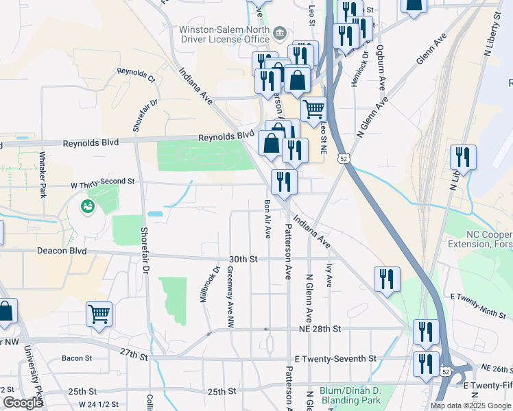 map of restaurants, bars, coffee shops, grocery stores, and more near 3061 Gilmer Avenue Northeast in Winston-Salem