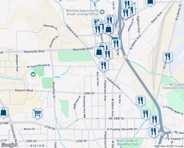 map of restaurants, bars, coffee shops, grocery stores, and more near 3061 Gilmer Avenue Northeast in Winston-Salem