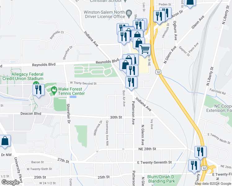 map of restaurants, bars, coffee shops, grocery stores, and more near 3061 Gilmer Avenue Northeast in Winston-Salem