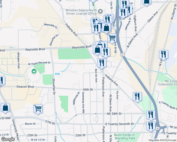 map of restaurants, bars, coffee shops, grocery stores, and more near 3061 Gilmer Avenue Northeast in Winston-Salem