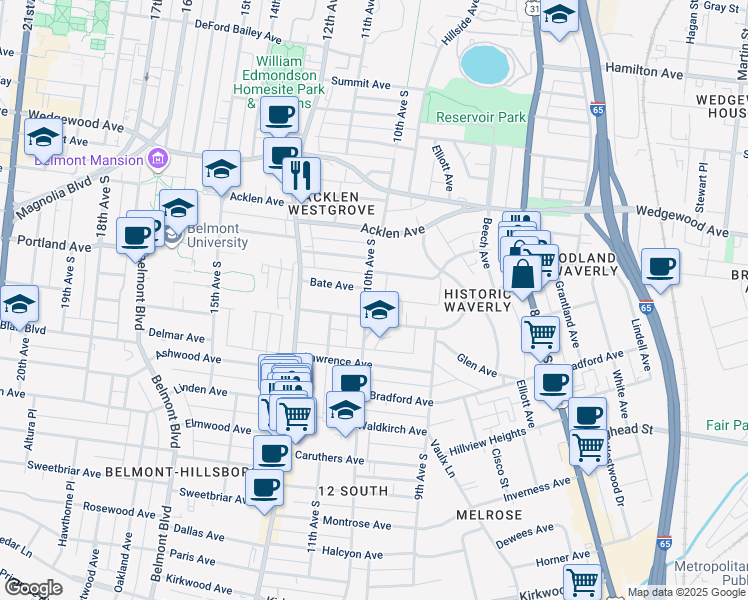 map of restaurants, bars, coffee shops, grocery stores, and more near 2036 10th Avenue South in Nashville
