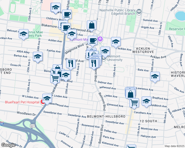 map of restaurants, bars, coffee shops, grocery stores, and more near 2101 Belmont Boulevard in Nashville