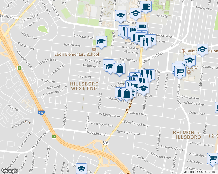 map of restaurants, bars, coffee shops, grocery stores, and more near 2233 Blair Boulevard in Nashville
