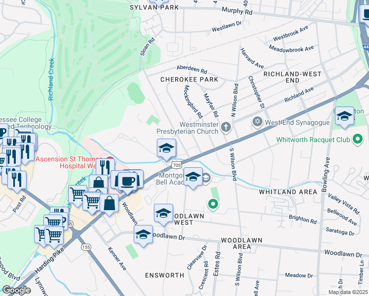 map of restaurants, bars, coffee shops, grocery stores, and more near 101 Cherokee Road in Nashville