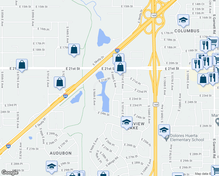 map of restaurants, bars, coffee shops, grocery stores, and more near 2210 South 99th East Avenue in Tulsa