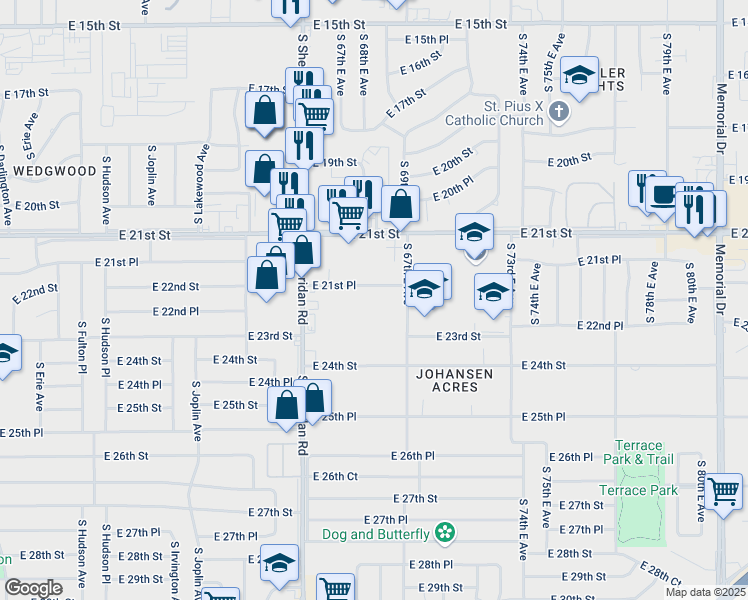 map of restaurants, bars, coffee shops, grocery stores, and more near 2274-2316 S 67th E Ave in Tulsa