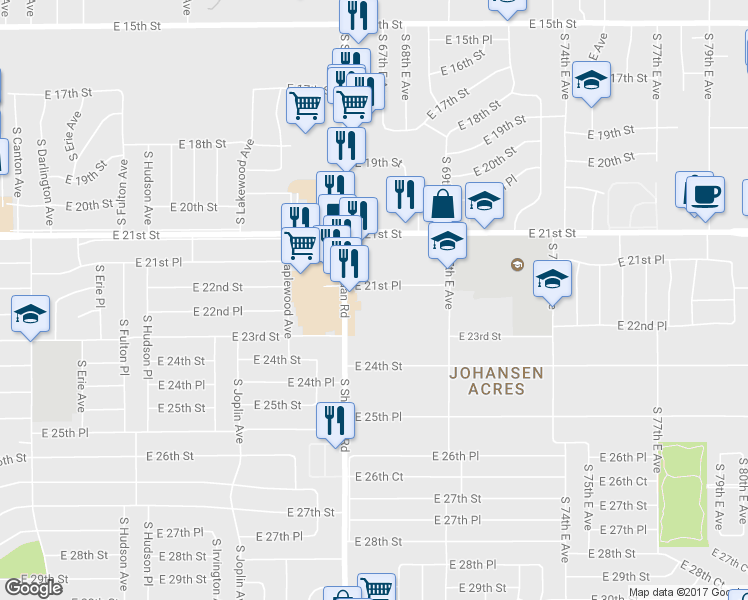 map of restaurants, bars, coffee shops, grocery stores, and more near 2181 South Sheridan Road in Tulsa