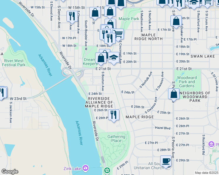 map of restaurants, bars, coffee shops, grocery stores, and more near 121 East 24th Street in Tulsa