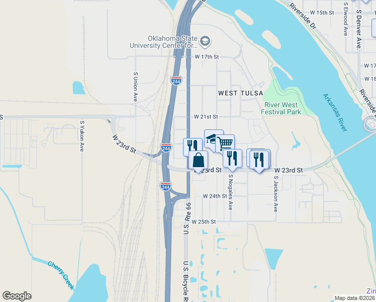 map of restaurants, bars, coffee shops, grocery stores, and more near 1300-1320 West 22nd Place in Tulsa