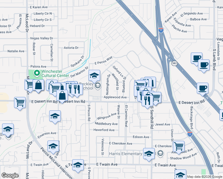 map of restaurants, bars, coffee shops, grocery stores, and more near 3532 Applewood Avenue in Las Vegas