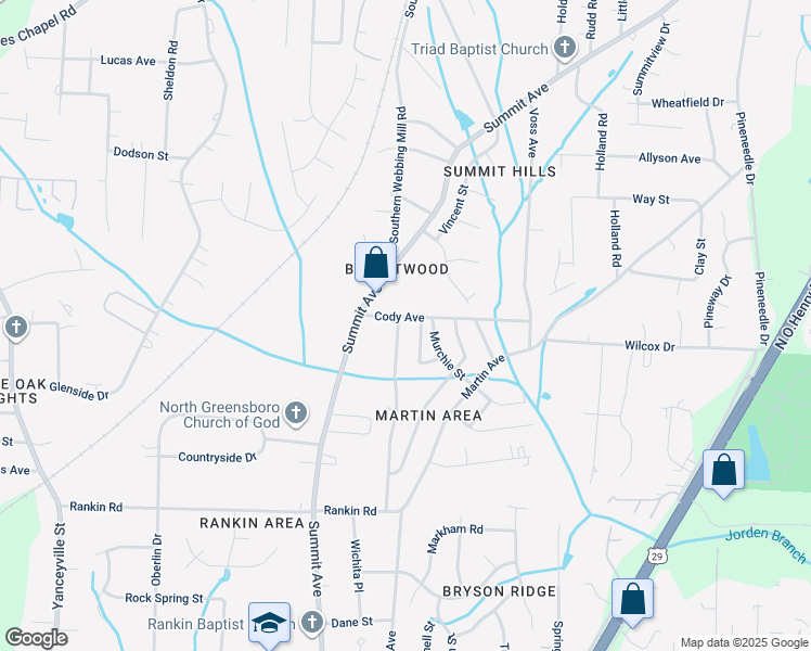 map of restaurants, bars, coffee shops, grocery stores, and more near 1618 Cody Avenue in Greensboro