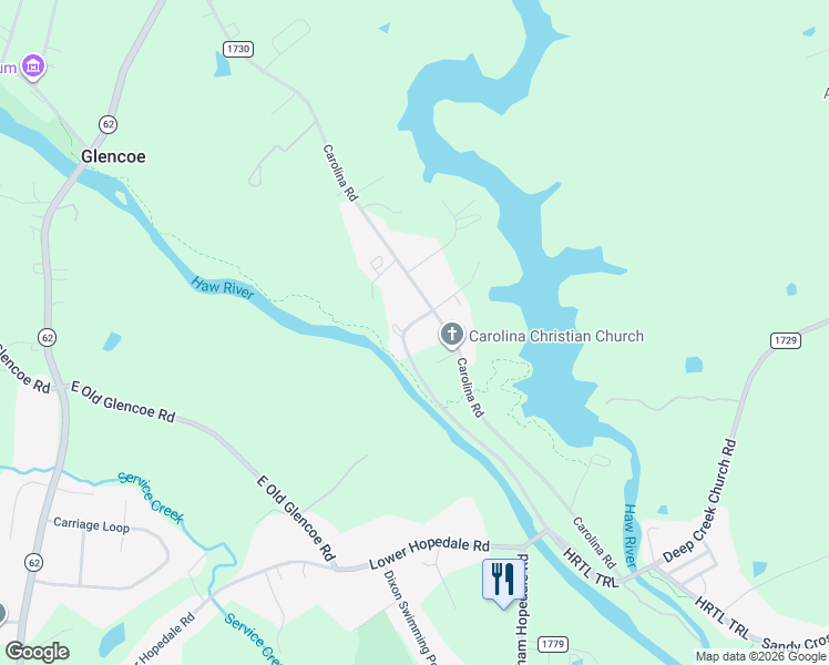 map of restaurants, bars, coffee shops, grocery stores, and more near 2054 Carolina Mill Road in Burlington