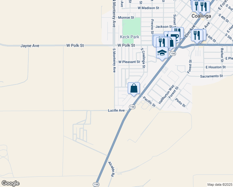 map of restaurants, bars, coffee shops, grocery stores, and more near 765 South Monterey Avenue in Coalinga
