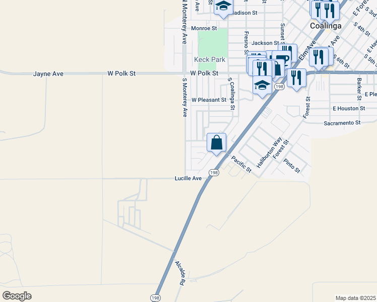map of restaurants, bars, coffee shops, grocery stores, and more near 765 South Monterey Avenue in Coalinga