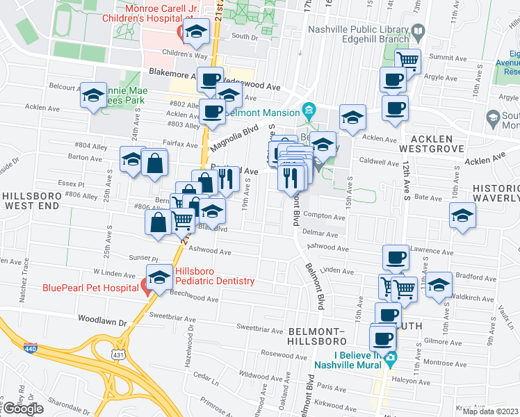 map of restaurants, bars, coffee shops, grocery stores, and more near 2113 18th Avenue South in Nashville