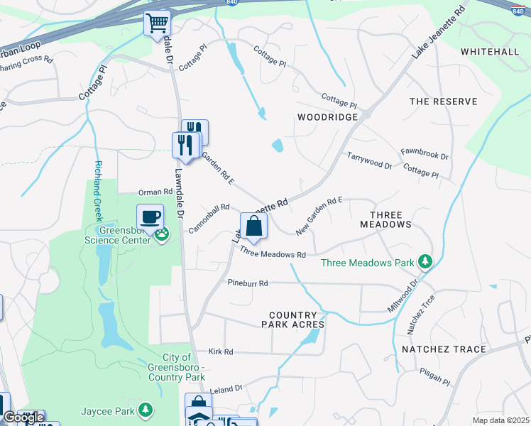 map of restaurants, bars, coffee shops, grocery stores, and more near 2604 New Garden Road East in Greensboro