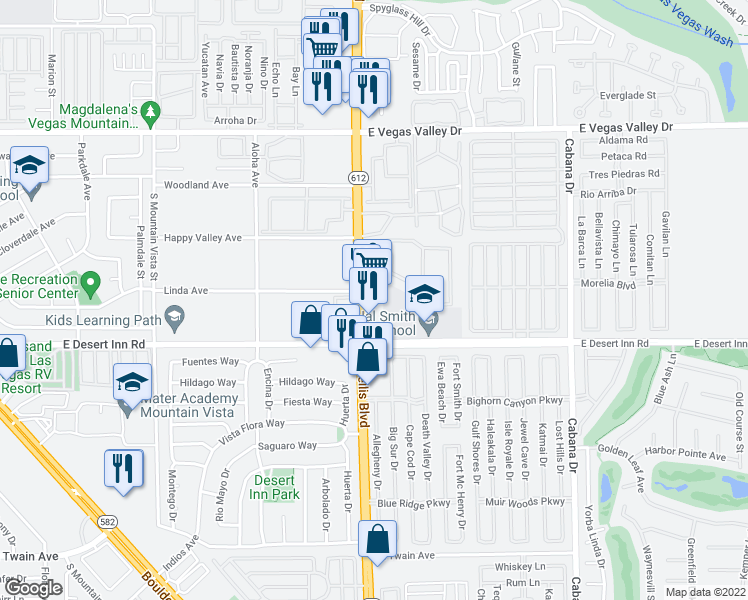 map of restaurants, bars, coffee shops, grocery stores, and more near 3220 South Nellis Boulevard in Las Vegas