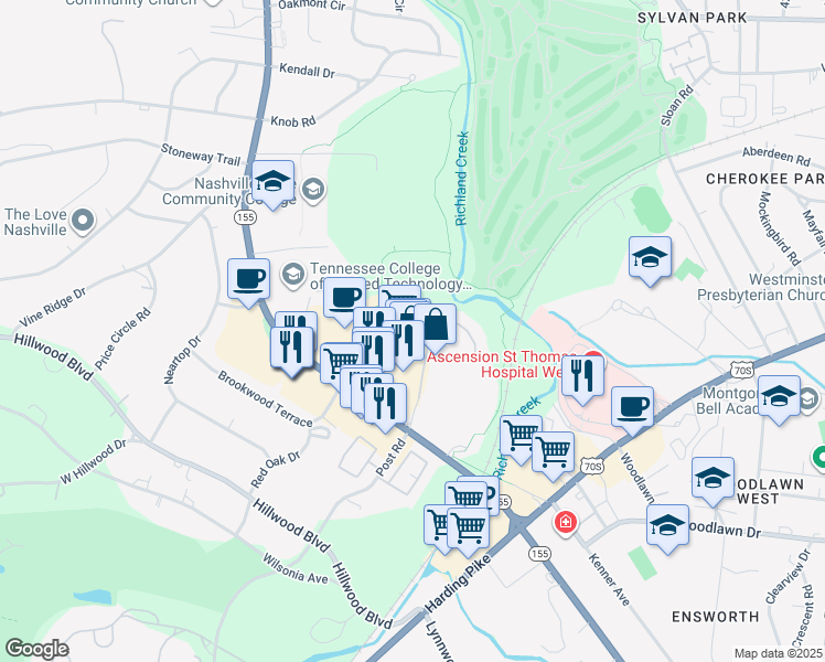 map of restaurants, bars, coffee shops, grocery stores, and more near 84 White Bridge Road in Nashville
