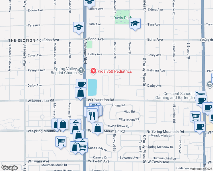 map of restaurants, bars, coffee shops, grocery stores, and more near 3205 Sterlingshire Drive in Las Vegas
