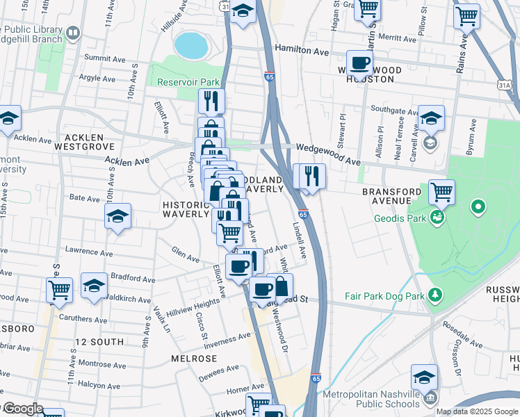 map of restaurants, bars, coffee shops, grocery stores, and more near in Nashville