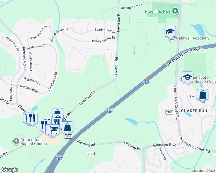 map of restaurants, bars, coffee shops, grocery stores, and more near 3542 Lewiston Road in Greensboro