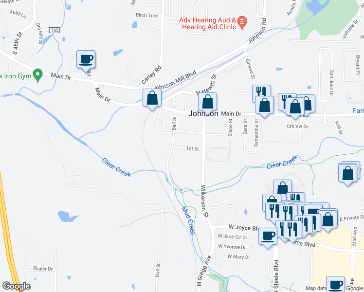 map of restaurants, bars, coffee shops, grocery stores, and more near 2906 1st Street in Fayetteville