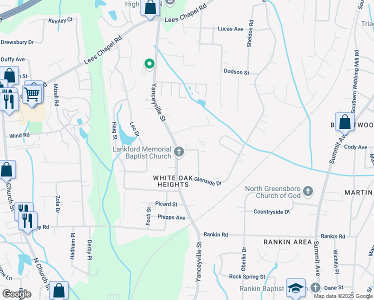 map of restaurants, bars, coffee shops, grocery stores, and more near 1500 Lankford Street in Greensboro