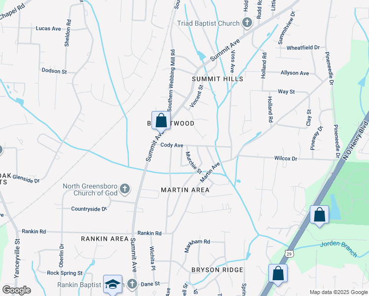map of restaurants, bars, coffee shops, grocery stores, and more near 1626 Cody Avenue in Greensboro